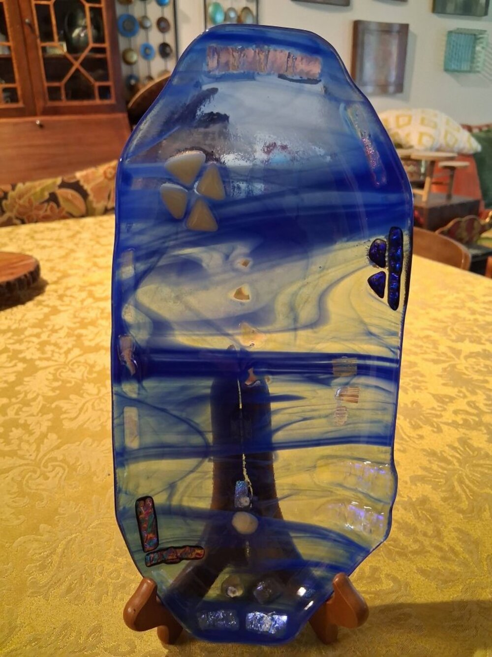 1990s Studio Art Fused Glass Curved Dish Cobalt Swirl Dichroic Accents Tray